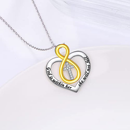 S925 Sterling Silver Christian Cross Heart Faith Bible Verse Necklace Rings - style: God is within her she will not fall -Infinity