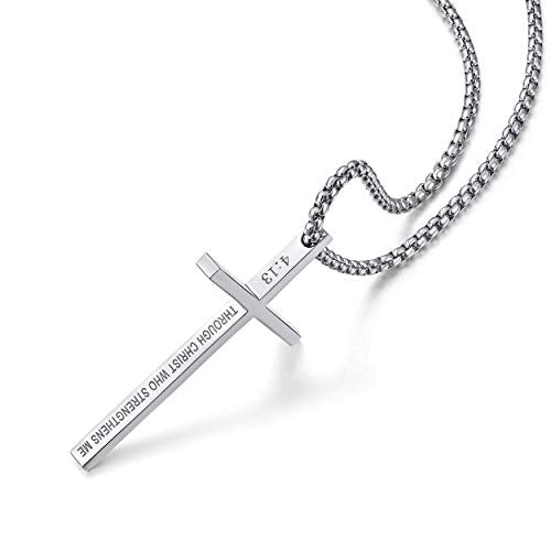 Stainless Steel Cross Pendant Necklaces for Men Women 24 Inch Chain - color: Silver