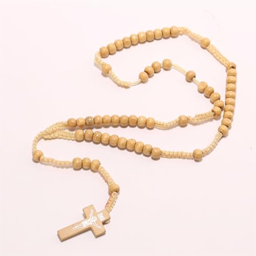 Natural Wood Beaded Cross Rosary Necklace Boho Handmade 8MM Wooden Beads with Jesus Cross Lightweight Rope Necklace for Men Women Religious Christian Prayer Fashion Jewelry Gifts - color: Wood color