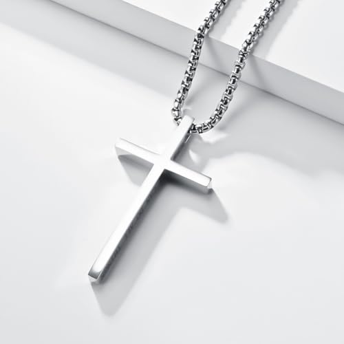 Cross Necklace for Men,Stainless Steel Christian Pendant Jewelry - color: C-silver-60cm chain