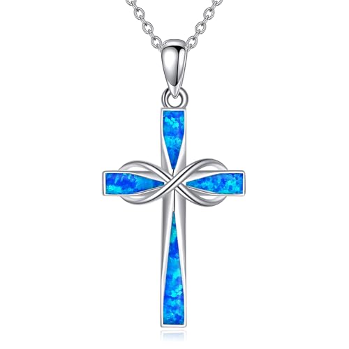 ONEFINITY Cross Necklace 925 Sterling Silver Cross Pendant Religious Jewelry Gifts - style: Blue Opal