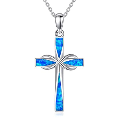 ONEFINITY Cross Necklace 925 Sterling Silver Cross Pendant Religious Jewelry Gifts - style: Blue Opal