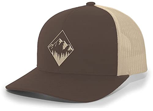 Trenz Shirt Company Men's Retro Geometric Diamond Mountain Outdoors Woodland Embroidered Mesh Back Trucker Hat - color: Brown/Khaki