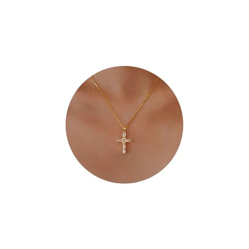 Gold Cross Necklace for Women, 14K Gold Plated - style: big white zircon