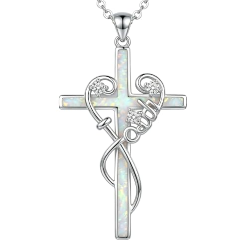 925 Sterling Silver Diamond Cross Necklace with Genuine Opal Pendant Elegant Religious Jewelry Gifts for Women - style: Faith Cross Necklace