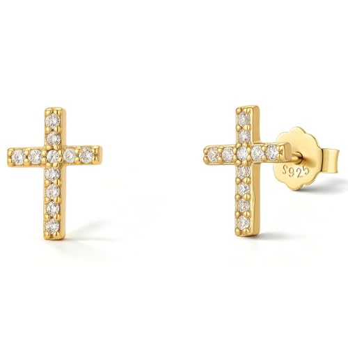 Tiny 925 Sterling Silver Cross Stud Earrings for Women Small Religious Faith Cubic Zirconia Cross Post Earrings - color: 18Kgold plated silver