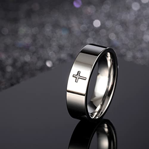 COLORFUL BLING 6MM Simple Polished Engraved Cross Stackable Ring Stainless Steel Silver Christian Cross Ring Sideways Religious Wedding Band Jewelry