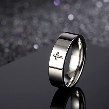 COLORFUL BLING 6MM Simple Polished Engraved Cross Stackable Ring Stainless Steel Silver Christian Cross Ring Sideways Religious Wedding Band Jewelry