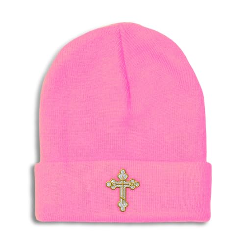 Custom Beanies for Men Gold Outline Orthodox Cross Faith Jesus God Skull Cap Winter Hats Women One Size - color: Soft Pink Design Only