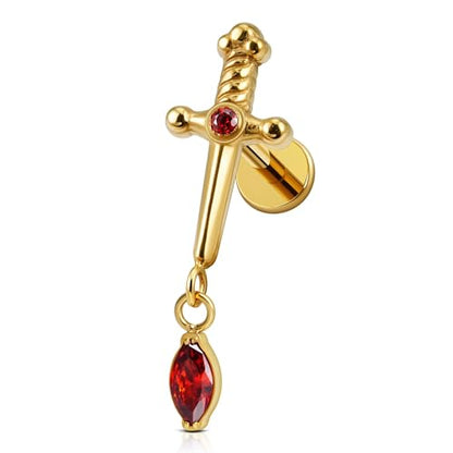 FINE4U 1PC ASTM F136 Titanium Sword Piercing Jewelry for Conch, Tragus, Helix 16G 8mm, Implant Grade Hypoallergenic Flatback Stud - color: Dagger - Gold