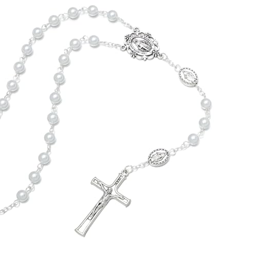 KOMI 6mm Glass Pearl Rosary Beads Catholic for Women with Metal Rosary Box Religious Gifts - style: Virgn Mary-white