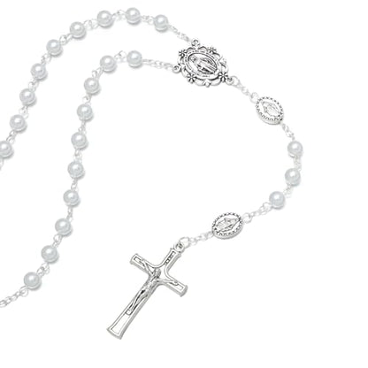 KOMI 6mm Glass Pearl Rosary Beads Catholic for Women with Metal Rosary Box Religious Gifts - style: Virgn Mary-white