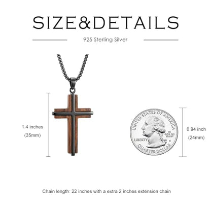 Cross Necklace for Men 925 Sterling Silver & Wood Cross Pendant with Stainless Steel Chain Cross Necklace for Men Women Christian Jewelry Gift - color: Cross-1