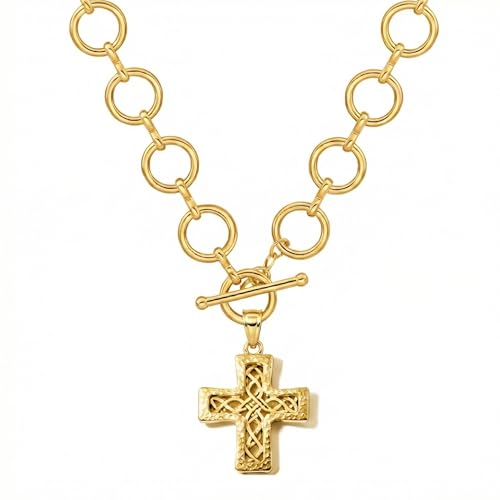 Chunky Cross Necklace for Women, 925 Sterling Silver Pendant with Copper Chunky Chain, Non Tarnish Statement Necklace for Daily Wear, Gift - color: Gold-03