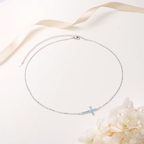 DAOCHONG S925 Sterling Silver Sideways Cross Choker Necklace 14+4 Inch - color: Silver-Created Turquoise