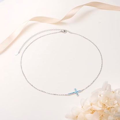 DAOCHONG S925 Sterling Silver Sideways Cross Choker Necklace 14+4 Inch - color: Silver-Created Turquoise
