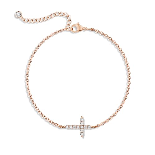 Moodear Cross Bracelet for Women, Dainty Sterling Silver/Gold Plated Gift - color: CZ Rose Gold Cross Bracelet