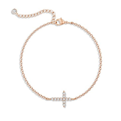 Moodear Cross Bracelet for Women, Dainty Sterling Silver/Gold Plated Gift - color: CZ Rose Gold Cross Bracelet