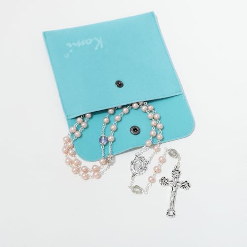 KOMI 6 MM Pearl Rosary Beads With Crucifix, Catholic Necklace for Women With Velvet Bag or Rosary Box - style: Rosary-3