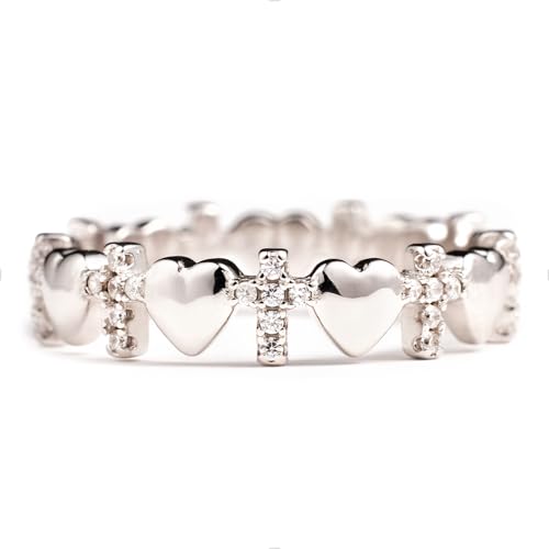 STORYJEWELLERY Cross Rings for Women, 925 Sterling Silver Purity Ring with Cubic Zirconia, Dainty Christian Jewelry, Confirmation and Baptism Gifts - color: Cross Heart Ring - 925 Sterling Silver