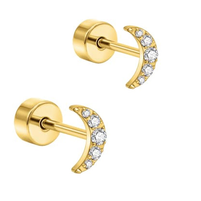 XUU 20G Flat Back Stud Earrings ASTM F136 Titanium & Sparkling CZ - color: gold moon