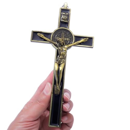 KOMI 7.5" Metal Crucifix Wall Cross with Black Enamel Catholic Jesus Cross - color: Black-Gold