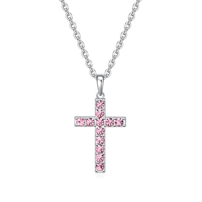 Birthstone Cross Necklace for Women,First Communion Gifts Easter Baptism Cross Jewelry Pendant Gift - color: 10October-Tourmaline Pink