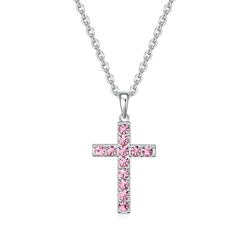 Birthstone Cross Necklace for Women,First Communion Gifts Easter Baptism Cross Jewelry Pendant Gift - color: 10October-Tourmaline Pink