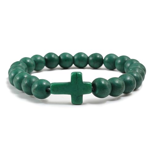 FORUBUS Lava Rock Stone Beaded Bracelet, Cross Charm Natural Volcanic Stone beads Turquoise Stretch Bracelet for Women Men Religion Jewelry Pray Baptism Gift - color: B 1pcs dark green