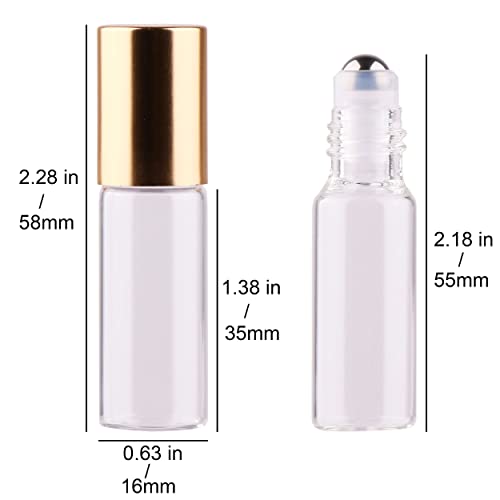 MaxMau Roller Bottles for Essential Oils, 24pcs 5ml Roll on Bottle Clear Glass Sample Test Refillable with Opener Funnel Dropper Golden Cap For Home Travel - color: 24 PACK Clear Roller Bottles