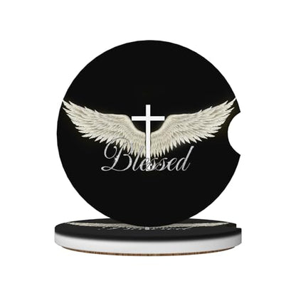 Blessed Cross Wing Car Cup Holder Coasters 2 Pack 2.63" for Women - color: White