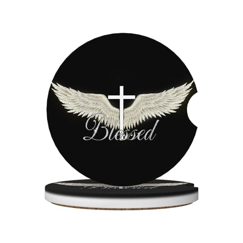 Blessed Cross Wing Car Cup Holder Coasters 2 Pack 2.63" for Women - color: White