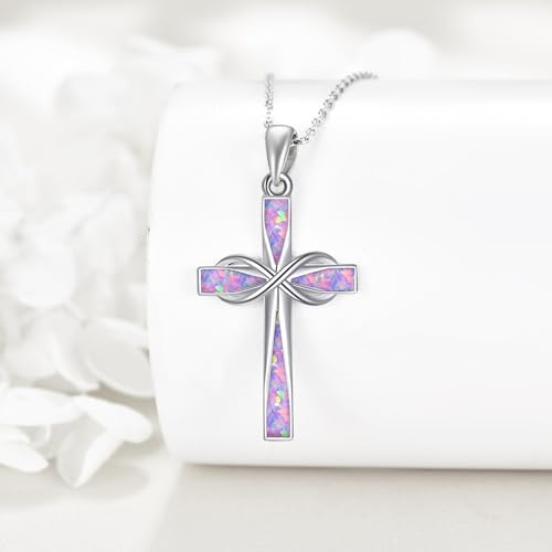 ONEFINITY Cross Necklace 925 Sterling Silver Cross Pendant Religious Jewelry Gifts - style: Pink Purple Opal