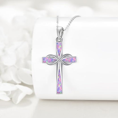 ONEFINITY Cross Necklace 925 Sterling Silver Cross Pendant Religious Jewelry Gifts - style: Pink Purple Opal