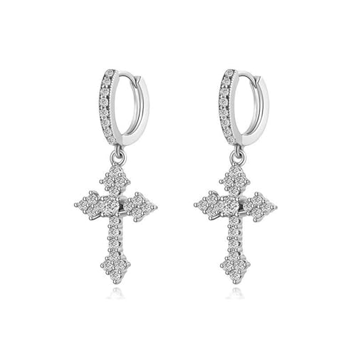Sterling Silver Cross Drop Earrings, Cubic Zirconia Huggie Hoop, Religious Dangle Crystal Jewelry ER110