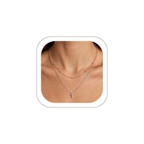 KeyStyle Cross Necklace for Women,Double Layered Gold Cross Pendant - color: Rose Gold