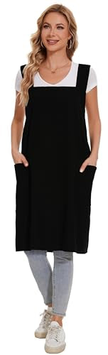 Linen Cotton Aprons for Women Smock Cross-Back Apron with Pockets - color: 07-black, size: Medium