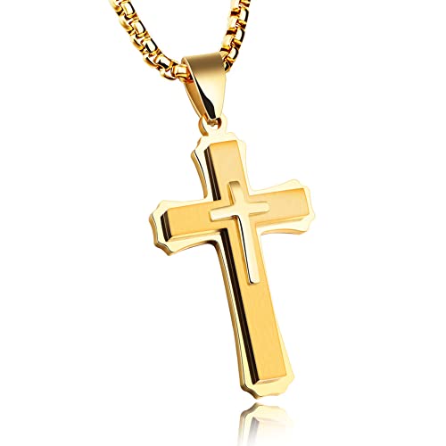 OLEVS Men's Cross Pendant Necklace Large Stainless Steel Cross Pendant Necklace for Men Women - color: gold-all
