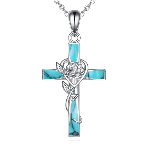 ONEFINITY Cross Necklace 925 Sterling Silver Cross Pendant Religious Jewelry Gifts - style: turquoise rose cross
