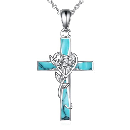 ONEFINITY Cross Necklace 925 Sterling Silver Cross Pendant Religious Jewelry Gifts - style: turquoise rose cross