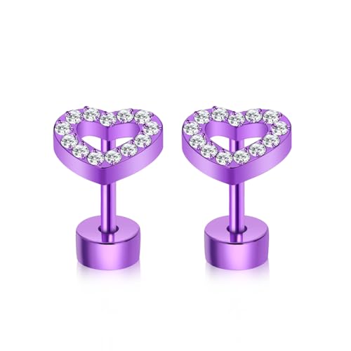 XUU 20G Flat Back Stud Earrings ASTM F136 Titanium & Sparkling CZ - color: purple heart
