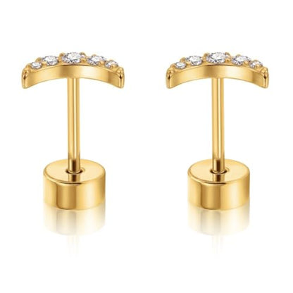XUU 20G Flat Back Stud Earrings ASTM F136 Titanium & Sparkling CZ - color: gold moon