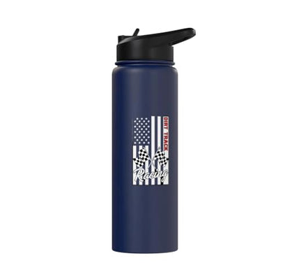 Car Dirt Track Racing Checkered Flag American Flag Racing Stainless Steel Insulated Water Bottle - color: Navy Blue