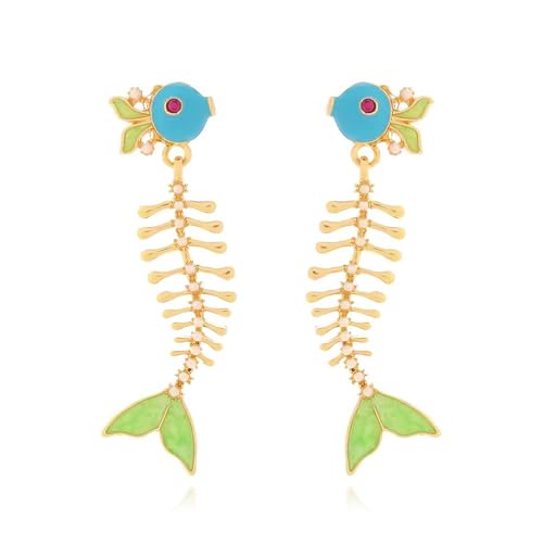 Fish Bone Earrings Drip Oil Animal Earrings Colorful Crystal Sparkly Enamel Earrings Creative Long Fishbone Earstud Dangle Fish Drop Earrings Jewelry for Women - color: Green