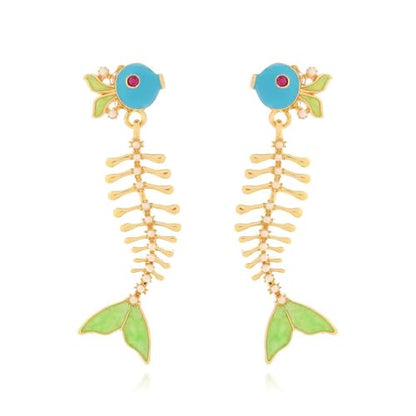 Fish Bone Earrings Drip Oil Animal Earrings Colorful Crystal Sparkly Enamel Earrings Creative Long Fishbone Earstud Dangle Fish Drop Earrings Jewelry for Women - color: Green