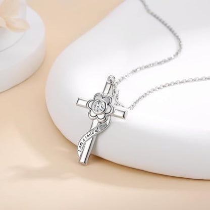 I am a Child of God Necklace - 925 Sterling Silver Birthstone Flower Cross Pendant Religious Jewelry Baptism First Communion Confirmation Gifts for Girls - style: Apr.