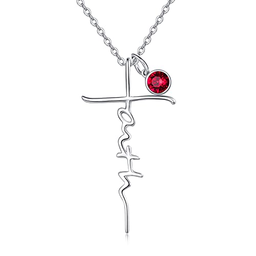PRAYMOS Faith Cross Necklace for Women 925 Sterling Silver Pendant Necklace With Birthstone Initial Christian Religious Confirmation Baptism Mothers Day Gifts - color: 1-Silver January (Garnet)