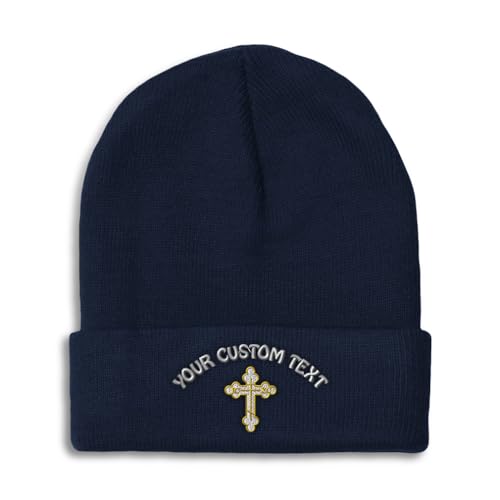 Custom Beanies for Men Gold Outline Orthodox Cross Faith Jesus God Skull Cap Winter Hats Women One Size - color: Navy Personalized Text Here