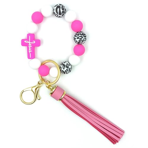 SHINYHARBOR Silicone Beaded Wristlet Keychain Bracelet,Key Wrist Keychains for Women Mom Teachers Best Friend - color: Cross-rose Red&white