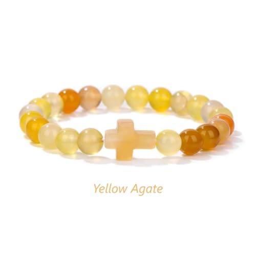 8mm Gemstone Cross Bracelet for Women Men – Stretch Beaded Faith Bracelet with Sideways Cross (Multiple Colors) - style: Yellow Agate